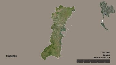 Chumphon, Tayland eyaleti, başkenti sağlam bir zemin üzerinde izole edilmiştir. Uzaklık ölçeği, bölge önizlemesi ve etiketleri. Uydu görüntüleri. 3B görüntüleme