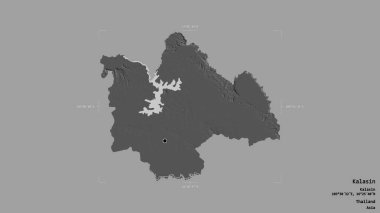 Tayland 'ın Kalasin bölgesi, katı bir arka planda izole edilmiş bir sınır kutusunda. Etiketler. Çift seviyeli yükseklik haritası. 3B görüntüleme