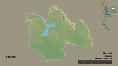Tayland 'ın Kalasin eyaleti, başkenti katı bir zemin ile izole edilmiştir. Uzaklık ölçeği, bölge önizlemesi ve etiketleri. Topografik yardım haritası. 3B görüntüleme