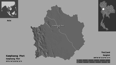 Kamphaeng Phet 'in şekli, Tayland vilayeti ve başkenti. Uzaklık ölçeği, ön gösterimler ve etiketler. Çift seviyeli yükseklik haritası. 3B görüntüleme