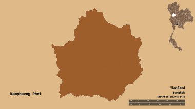 Tayland 'ın başkenti Kamphaeng Phet' in katı arka planda izole edilmiş hali. Uzaklık ölçeği, bölge önizlemesi ve etiketleri. Desenli dokuların bileşimi. 3B görüntüleme