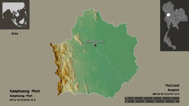 Kamphaeng Phet 'in şekli, Tayland vilayeti ve başkenti. Uzaklık ölçeği, ön gösterimler ve etiketler. Topografik yardım haritası. 3B görüntüleme