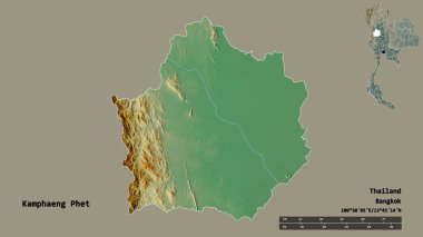 Tayland 'ın başkenti Kamphaeng Phet' in katı arka planda izole edilmiş hali. Uzaklık ölçeği, bölge önizlemesi ve etiketleri. Topografik yardım haritası. 3B görüntüleme