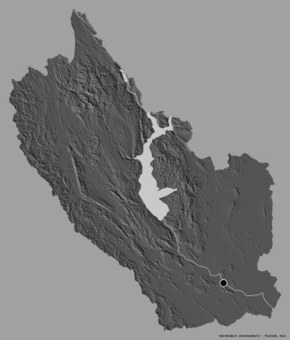 Tayland 'ın Kanchanaburi eyaleti, başkenti katı renk arkaplanı ile izole edilmiştir. Çift seviyeli yükseklik haritası. 3B görüntüleme