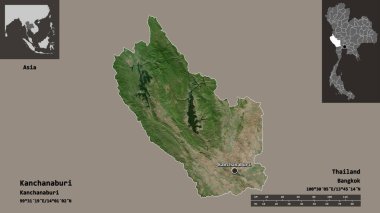 Kanchanaburi 'nin şekli, Tayland eyaleti ve başkenti. Uzaklık ölçeği, ön gösterimler ve etiketler. Uydu görüntüleri. 3B görüntüleme
