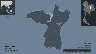 Tayland 'ın Khon Kaen ili ve başkenti. Uzaklık ölçeği, ön gösterimler ve etiketler. Renkli yükseklik haritası. 3B görüntüleme