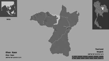 Tayland 'ın Khon Kaen ili ve başkenti. Uzaklık ölçeği, ön gösterimler ve etiketler. Çift seviyeli yükseklik haritası. 3B görüntüleme