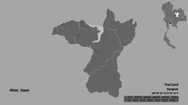Tayland 'ın Khon Kaen eyaleti, başkenti katı bir zemin ile izole edilmiştir. Uzaklık ölçeği, bölge önizlemesi ve etiketleri. Çift seviyeli yükseklik haritası. 3B görüntüleme