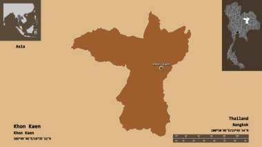Tayland 'ın Khon Kaen ili ve başkenti. Uzaklık ölçeği, ön gösterimler ve etiketler. Desenli dokuların bileşimi. 3B görüntüleme