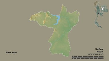 Tayland 'ın Khon Kaen eyaleti, başkenti katı bir zemin ile izole edilmiştir. Uzaklık ölçeği, bölge önizlemesi ve etiketleri. Topografik yardım haritası. 3B görüntüleme