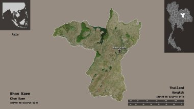 Tayland 'ın Khon Kaen ili ve başkenti. Uzaklık ölçeği, ön gösterimler ve etiketler. Uydu görüntüleri. 3B görüntüleme