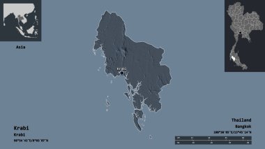 Tayland ili ve başkenti Krabi 'nin şekli. Uzaklık ölçeği, ön gösterimler ve etiketler. Renkli yükseklik haritası. 3B görüntüleme