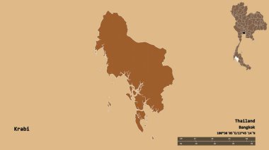 Tayland 'ın başkenti Krabi' nin katı arka planda izole edilmiş hali. Uzaklık ölçeği, bölge önizlemesi ve etiketleri. Desenli dokuların bileşimi. 3B görüntüleme