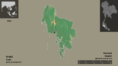 Tayland ili ve başkenti Krabi 'nin şekli. Uzaklık ölçeği, ön gösterimler ve etiketler. Topografik yardım haritası. 3B görüntüleme