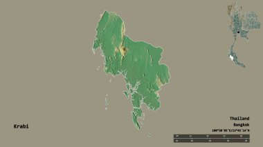 Tayland 'ın başkenti Krabi' nin katı arka planda izole edilmiş hali. Uzaklık ölçeği, bölge önizlemesi ve etiketleri. Topografik yardım haritası. 3B görüntüleme