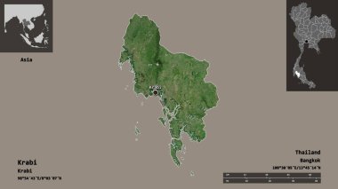 Tayland ili ve başkenti Krabi 'nin şekli. Uzaklık ölçeği, ön gösterimler ve etiketler. Uydu görüntüleri. 3B görüntüleme