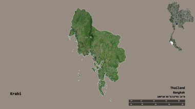 Tayland 'ın başkenti Krabi' nin katı arka planda izole edilmiş hali. Uzaklık ölçeği, bölge önizlemesi ve etiketleri. Uydu görüntüleri. 3B görüntüleme
