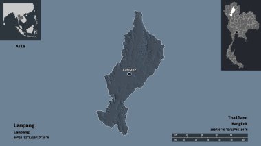 Lampang Şekli, Tayland ili ve başkenti. Uzaklık ölçeği, ön gösterimler ve etiketler. Renkli yükseklik haritası. 3B görüntüleme