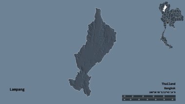 Tayland 'ın Lampang şehrinin başkenti sağlam bir zemin üzerinde izole edilmiştir. Uzaklık ölçeği, bölge önizlemesi ve etiketleri. Renkli yükseklik haritası. 3B görüntüleme