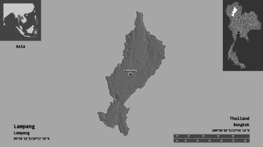 Lampang Şekli, Tayland ili ve başkenti. Uzaklık ölçeği, ön gösterimler ve etiketler. Çift seviyeli yükseklik haritası. 3B görüntüleme