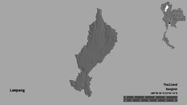 Tayland 'ın Lampang şehrinin başkenti sağlam bir zemin üzerinde izole edilmiştir. Uzaklık ölçeği, bölge önizlemesi ve etiketleri. Çift seviyeli yükseklik haritası. 3B görüntüleme