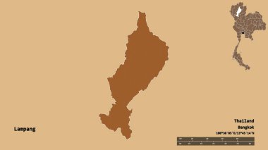 Tayland 'ın Lampang şehrinin başkenti sağlam bir zemin üzerinde izole edilmiştir. Uzaklık ölçeği, bölge önizlemesi ve etiketleri. Desenli dokuların bileşimi. 3B görüntüleme