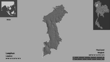 Lamphun 'un şekli, Tayland vilayeti ve başkenti. Uzaklık ölçeği, ön gösterimler ve etiketler. Çift seviyeli yükseklik haritası. 3B görüntüleme