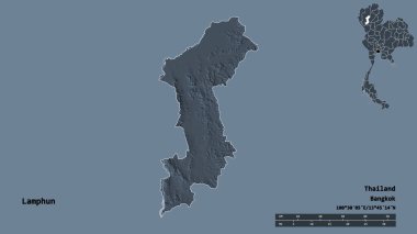 Tayland 'ın Lamphun eyaleti, başkenti sağlam bir zemin üzerinde izole edilmiştir. Uzaklık ölçeği, bölge önizlemesi ve etiketleri. Renkli yükseklik haritası. 3B görüntüleme