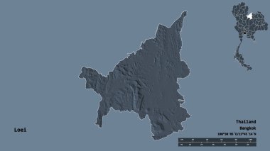 Tayland 'ın Loei eyaleti, başkenti sağlam bir zemin üzerinde izole edilmiştir. Uzaklık ölçeği, bölge önizlemesi ve etiketleri. Renkli yükseklik haritası. 3B görüntüleme