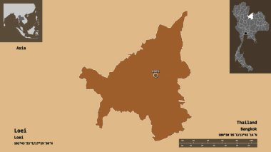 Loei 'nin şekli, Tayland vilayeti ve başkenti. Uzaklık ölçeği, ön gösterimler ve etiketler. Desenli dokuların bileşimi. 3B görüntüleme