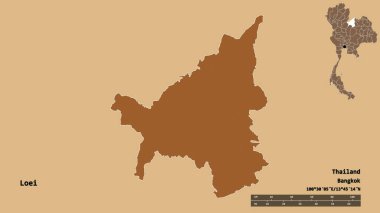 Tayland 'ın Loei eyaleti, başkenti sağlam bir zemin üzerinde izole edilmiştir. Uzaklık ölçeği, bölge önizlemesi ve etiketleri. Desenli dokuların bileşimi. 3B görüntüleme
