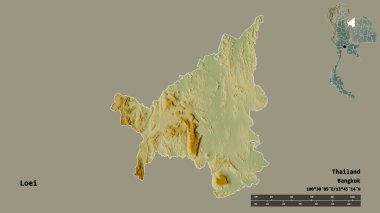 Tayland 'ın Loei eyaleti, başkenti sağlam bir zemin üzerinde izole edilmiştir. Uzaklık ölçeği, bölge önizlemesi ve etiketleri. Topografik yardım haritası. 3B görüntüleme