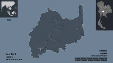 Tayland 'ın Lop Buri bölgesi ve başkenti. Uzaklık ölçeği, ön gösterimler ve etiketler. Renkli yükseklik haritası. 3B görüntüleme