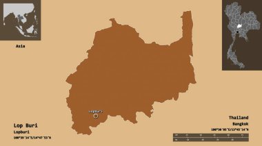Tayland 'ın Lop Buri bölgesi ve başkenti. Uzaklık ölçeği, ön gösterimler ve etiketler. Desenli dokuların bileşimi. 3B görüntüleme