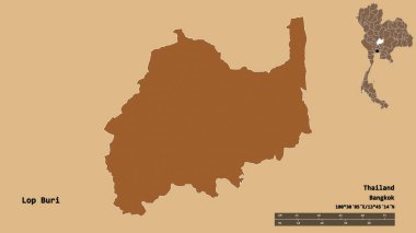 Tayland 'ın Lop Buri şehrinin başkenti sağlam bir zemin üzerinde izole edilmiştir. Uzaklık ölçeği, bölge önizlemesi ve etiketleri. Desenli dokuların bileşimi. 3B görüntüleme