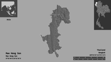Mae Hong Son 'un şekli, Tayland vilayeti ve başkenti. Uzaklık ölçeği, ön gösterimler ve etiketler. Çift seviyeli yükseklik haritası. 3B görüntüleme