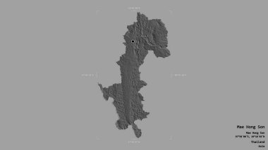 Tayland 'ın Mae Hong Son bölgesinin katı bir arka planda izole edilmiş bir sınır kutusu var. Etiketler. Çift seviyeli yükseklik haritası. 3B görüntüleme