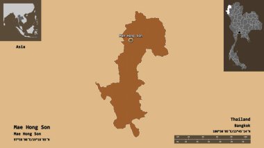 Mae Hong Son 'un şekli, Tayland vilayeti ve başkenti. Uzaklık ölçeği, ön gösterimler ve etiketler. Desenli dokuların bileşimi. 3B görüntüleme