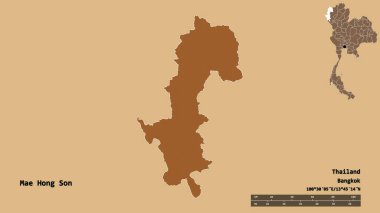 Tayland 'ın başkenti Mae Hong Son' un katı arka planda izole edilmiş hali. Uzaklık ölçeği, bölge önizlemesi ve etiketleri. Desenli dokuların bileşimi. 3B görüntüleme