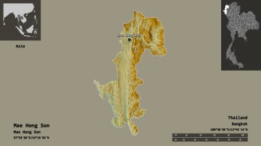 Mae Hong Son 'un şekli, Tayland vilayeti ve başkenti. Uzaklık ölçeği, ön gösterimler ve etiketler. Topografik yardım haritası. 3B görüntüleme