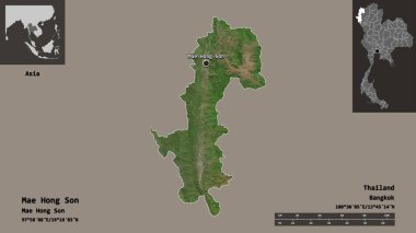 Mae Hong Son 'un şekli, Tayland vilayeti ve başkenti. Uzaklık ölçeği, ön gösterimler ve etiketler. Uydu görüntüleri. 3B görüntüleme