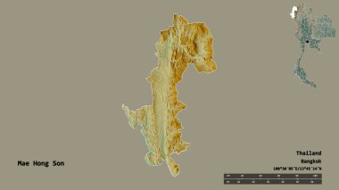 Tayland 'ın başkenti Mae Hong Son' un katı arka planda izole edilmiş hali. Uzaklık ölçeği, bölge önizlemesi ve etiketleri. Topografik yardım haritası. 3B görüntüleme