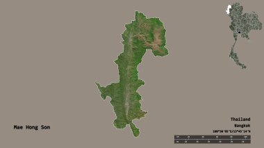 Tayland 'ın başkenti Mae Hong Son' un katı arka planda izole edilmiş hali. Uzaklık ölçeği, bölge önizlemesi ve etiketleri. Uydu görüntüleri. 3B görüntüleme