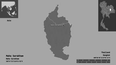 Maha Sarakham 'ın şekli, Tayland eyaleti ve başkenti. Uzaklık ölçeği, ön gösterimler ve etiketler. Çift seviyeli yükseklik haritası. 3B görüntüleme
