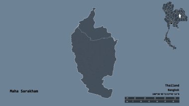 Tayland 'ın Maha Sarakham eyaleti, başkenti sağlam bir zemin ile izole edilmiştir. Uzaklık ölçeği, bölge önizlemesi ve etiketleri. Renkli yükseklik haritası. 3B görüntüleme