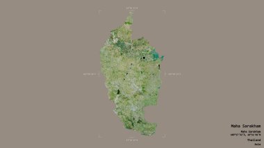 Tayland 'ın Maha Sarakham bölgesinde katı bir arka planda izole edilmiş bir sınır kutusu var. Etiketler. Uydu görüntüleri. 3B görüntüleme