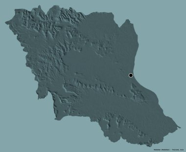 Tayland 'ın Mukdahan eyaleti, başkenti katı renk arkaplanı ile izole edilmiştir. Renkli yükseklik haritası. 3B görüntüleme