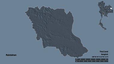 Tayland 'ın Mukdahan eyaleti, başkenti sağlam bir zemin üzerinde izole edilmiştir. Uzaklık ölçeği, bölge önizlemesi ve etiketleri. Renkli yükseklik haritası. 3B görüntüleme