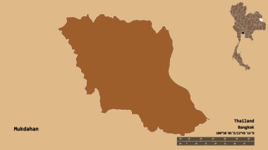 Tayland 'ın Mukdahan eyaleti, başkenti sağlam bir zemin üzerinde izole edilmiştir. Uzaklık ölçeği, bölge önizlemesi ve etiketleri. Desenli dokuların bileşimi. 3B görüntüleme
