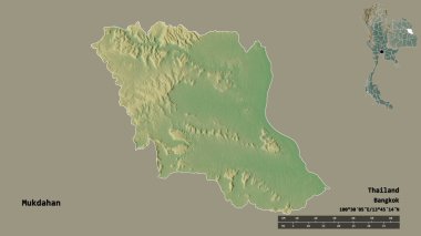 Tayland 'ın Mukdahan eyaleti, başkenti sağlam bir zemin üzerinde izole edilmiştir. Uzaklık ölçeği, bölge önizlemesi ve etiketleri. Topografik yardım haritası. 3B görüntüleme